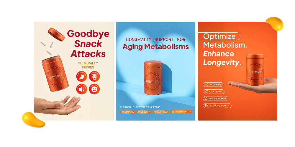 Designity Instagram marketing strategy creative for Mimio showcasing wellness ad variations about snack attacks, metabolism support, longevity, and vibrant product-centered design.