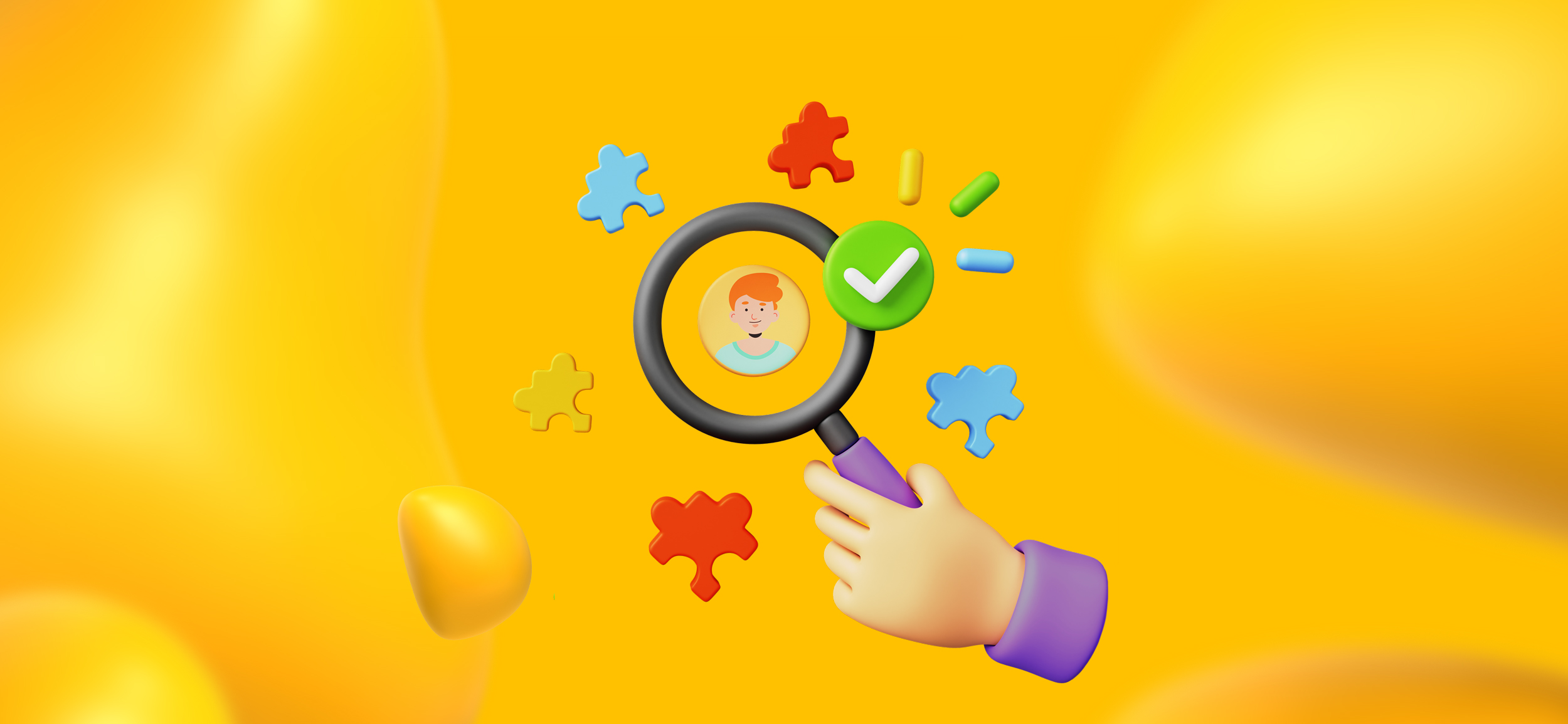 A hand holding up a magnifying glass on a man's face, surrounded by puzzle pieces. Understanding your idea client is the 1st step in a client-centered legal marketing strategy.