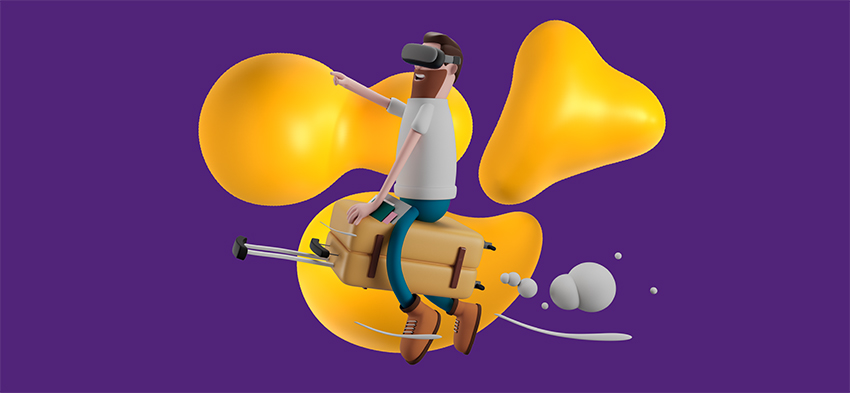 Man riding a suitcase to travel in virtual reality.