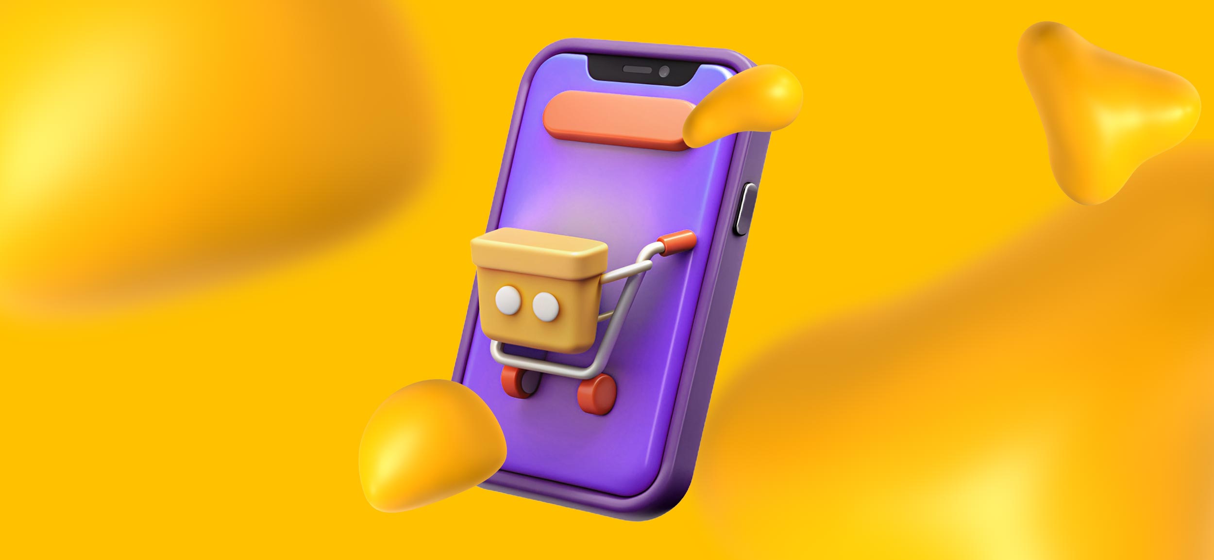 A smartphone's screen, with a shopping cart popping out of it, for Webflow eCommerce.