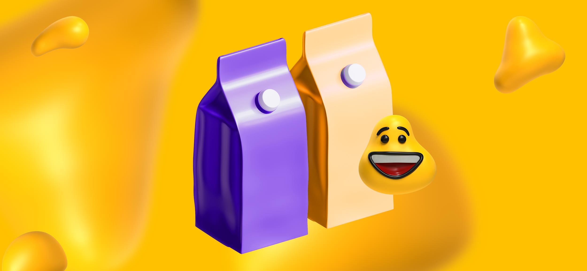 A smiling yellow blob beside two cartons; package design is a service you can expect from a full-service creative agency.