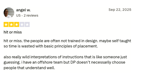 Screenshot of a mixed customer review describing inconsistent quality from Design Pickle, often referenced when comparing Design Pickle alternatives and competitors like Designity.