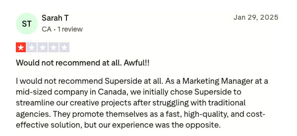 Screenshot of a negative Superside review from a marketing manager criticizing quality and service, highlighting why businesses explore Superside alternatives and competitors such as Designity.