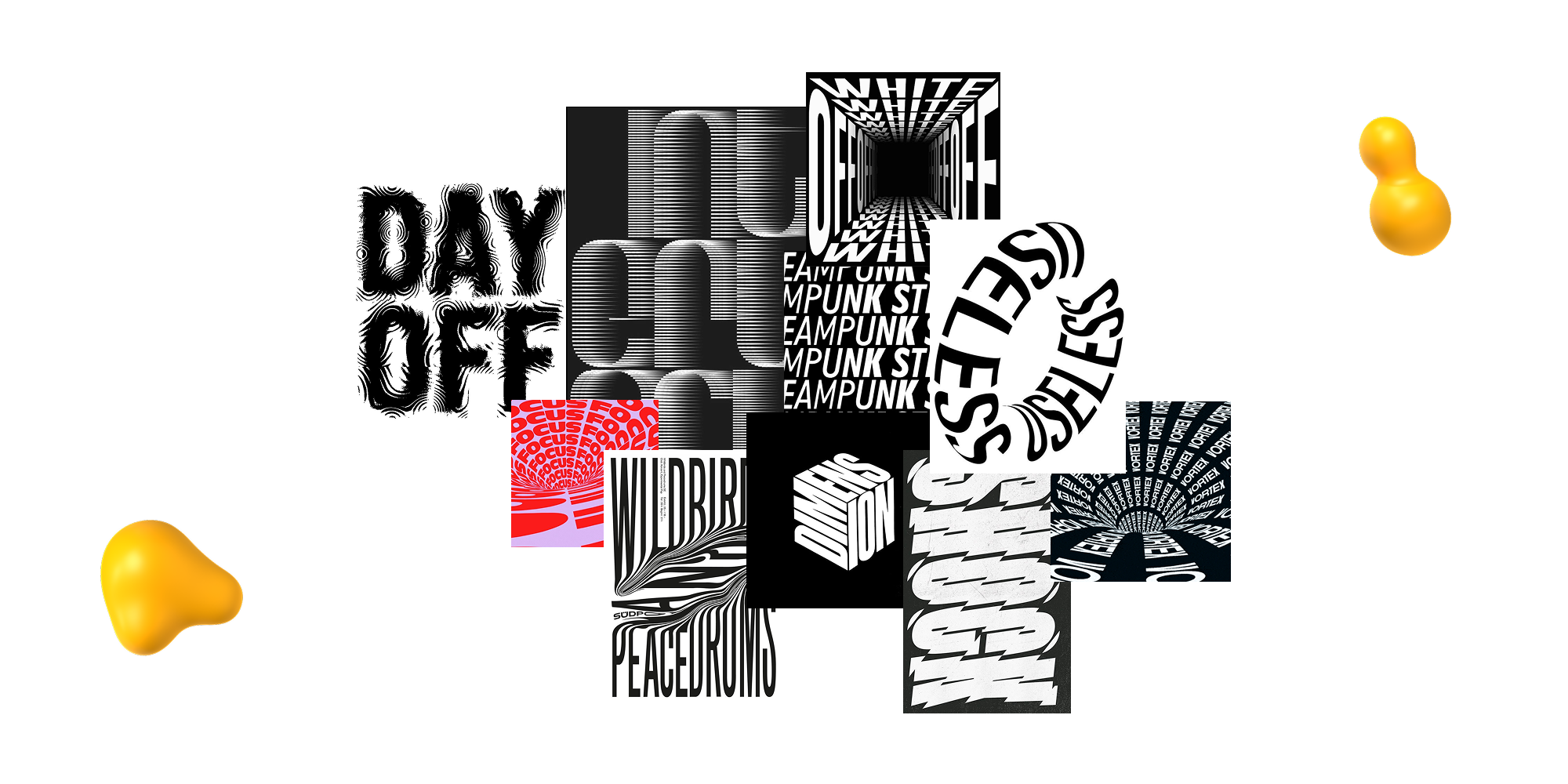 A dynamic typography collage with optical illusions, 3D text effects, and motion-inspired layouts creating a sense of depth and energy
