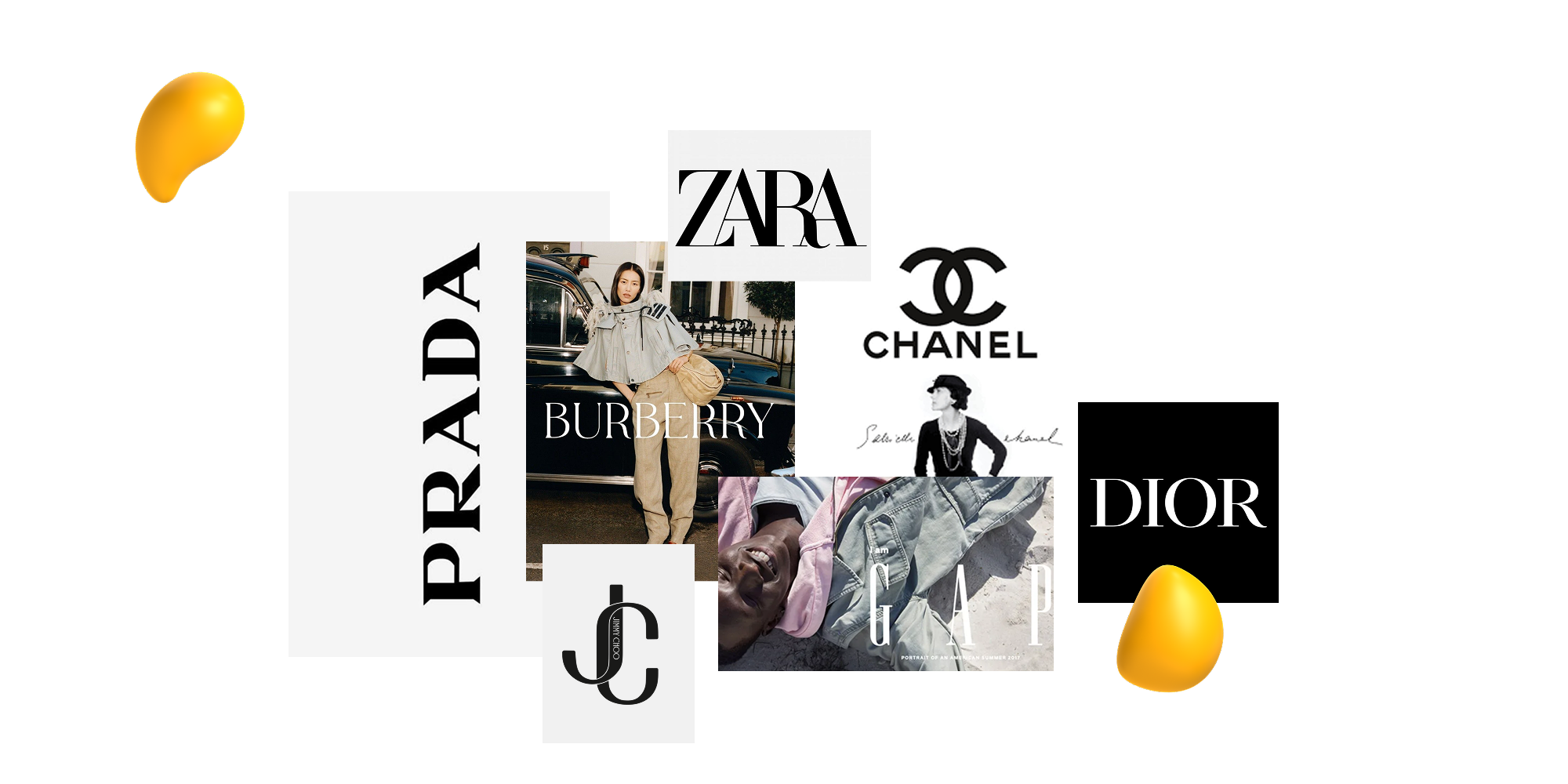 A typography collage featuring luxury brand logos like Prada, Chanel, and Dior, emphasizing heritage, tradition, and timeless type design.