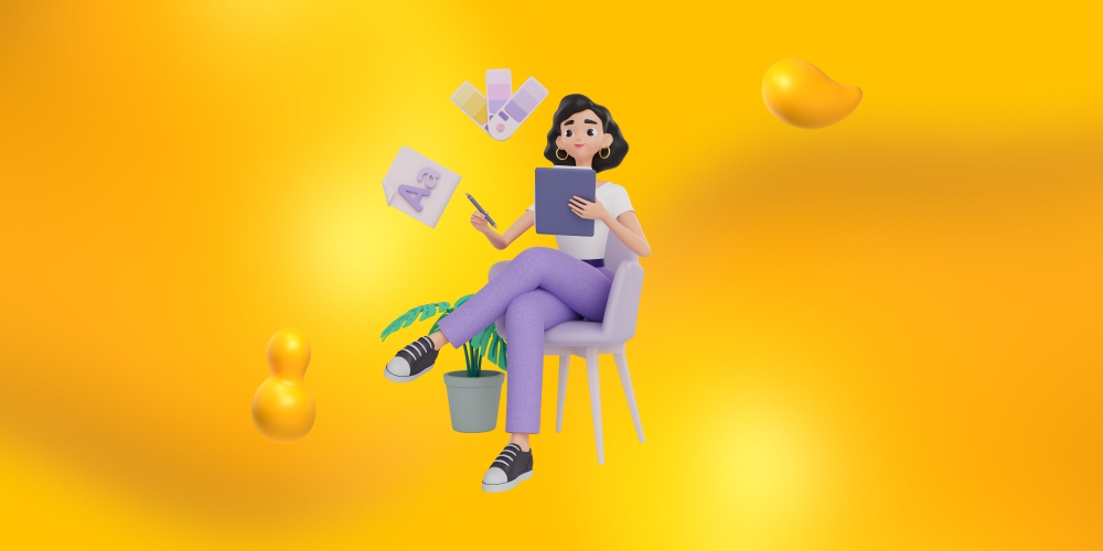 A woman sitting and looking through a book while elements of graphic design like font types and a color palette float above her to celebrate women in graphic design and visual arts.