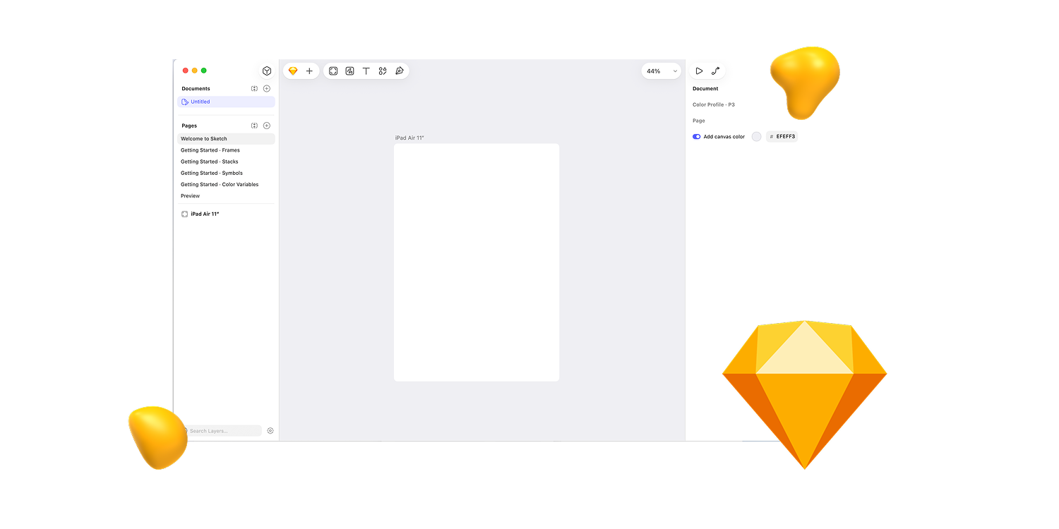 Designity review of Sketch graphic design software featuring its design interface and creative tools.