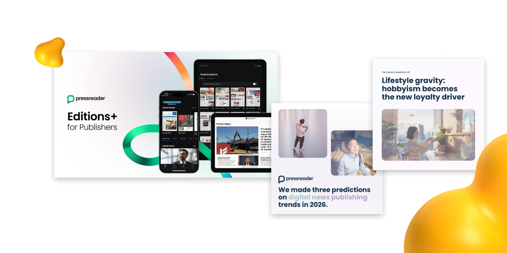 Publication design creative services example by Designity for PressReader, featuring ebook design, digital publications, reports, editorial layouts, and long-form content assets.