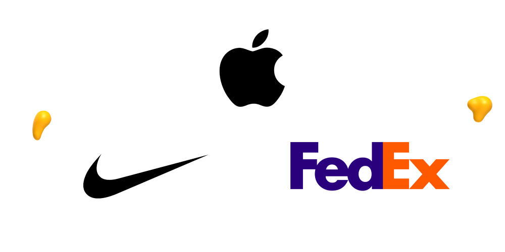 Graphic design for brand identity example showing iconic Apple and FedEx logos, demonstrating how strong visual identity systems create instant brand recognition through simple, memorable design.