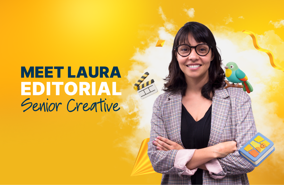 Laura Bustamante editorial senior creative profile banner for Designity with playful design elements