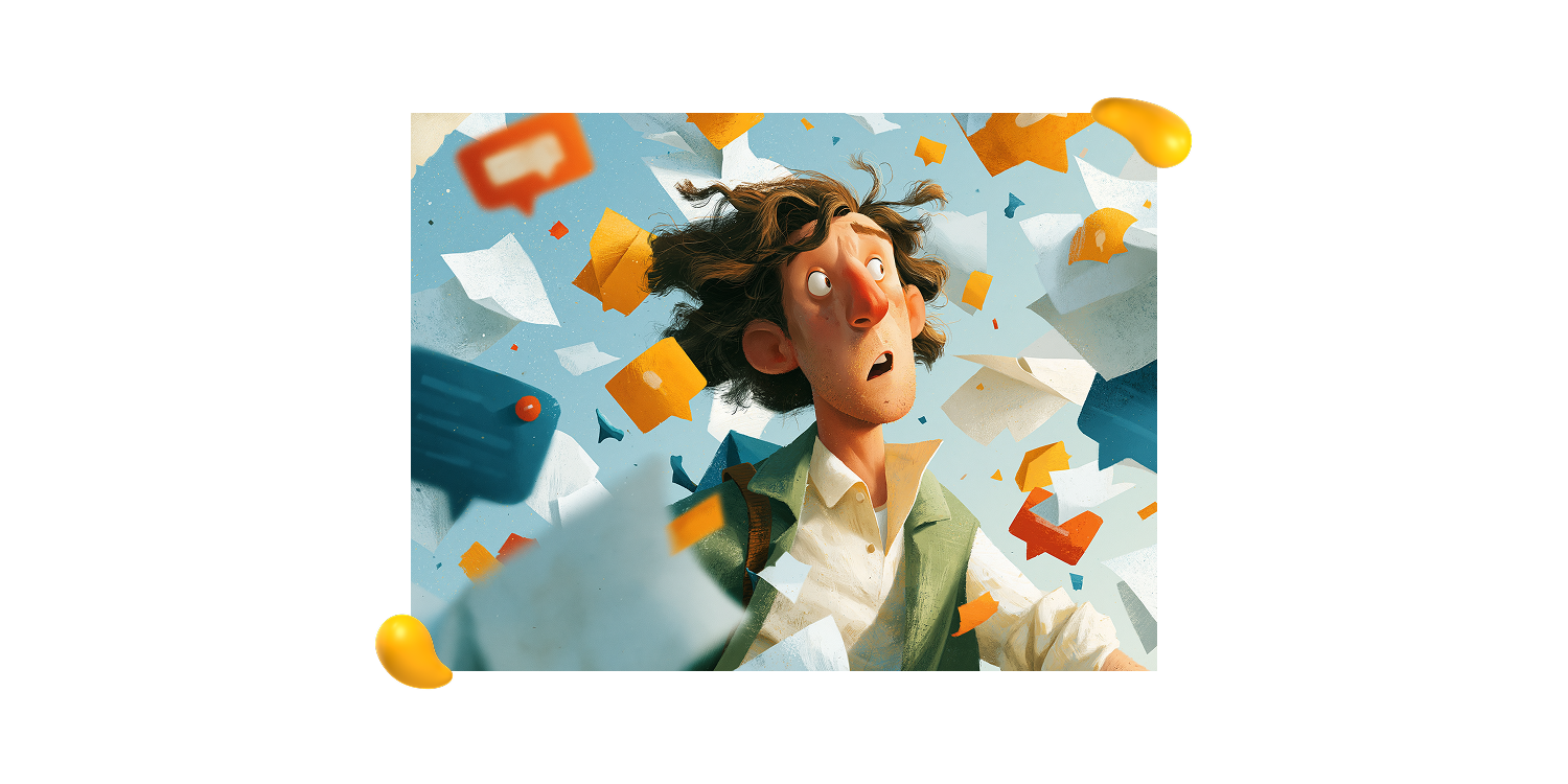 Designity illustration of an overwhelmed user surrounded by notifications and paperwork, highlighting UI/UX design trends focused on reducing cognitive effort.