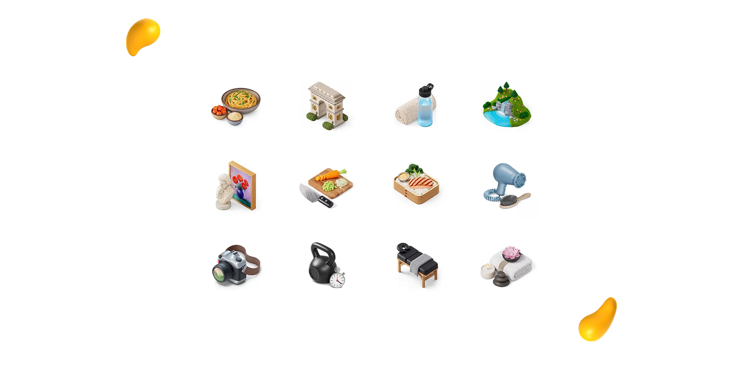 Designity graphic showing 3D isometric objects as examples of UI/UX design trends bringing depth, texture, and physicality back to interfaces.