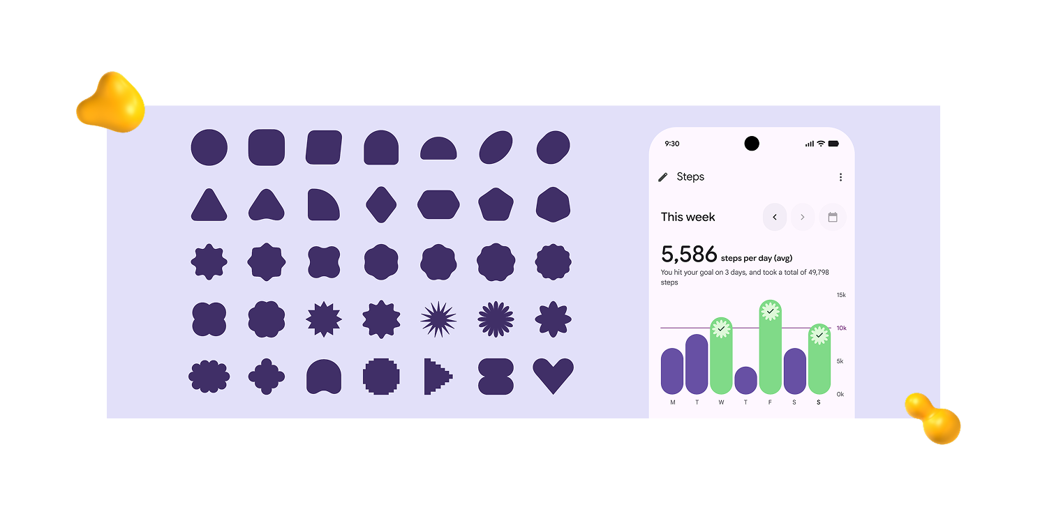 Designity graphic showing expressive Material 3 interface shapes and a fitness dashboard as examples of 2026 UI/UX design trends.