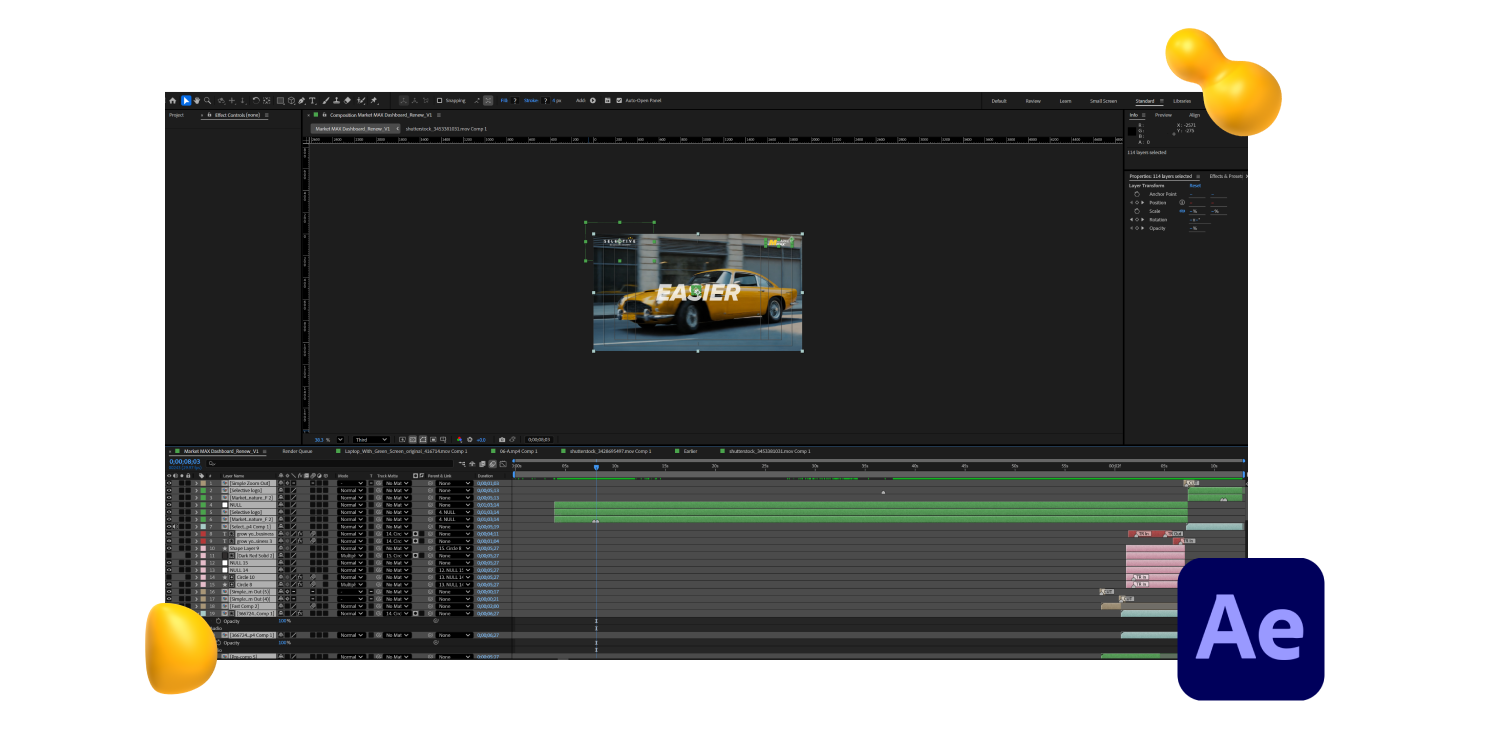 Adobe After Effects motion graphics software interface editing a yellow car animation, featured in Designity’s 2026 guide.
