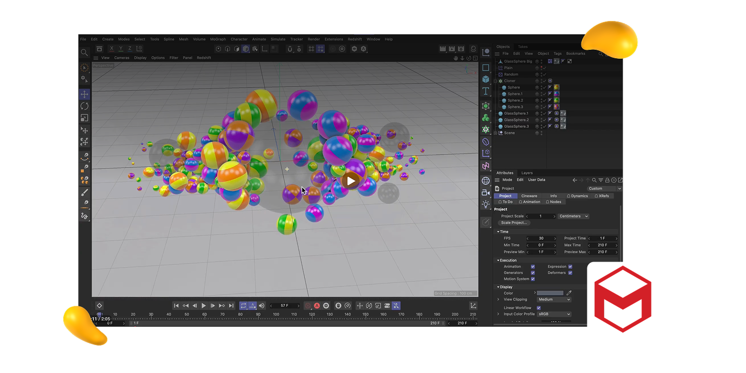 Cinema 4D motion graphics software interface displaying colorful 3D spheres, featured in Designity’s 2026 guide.