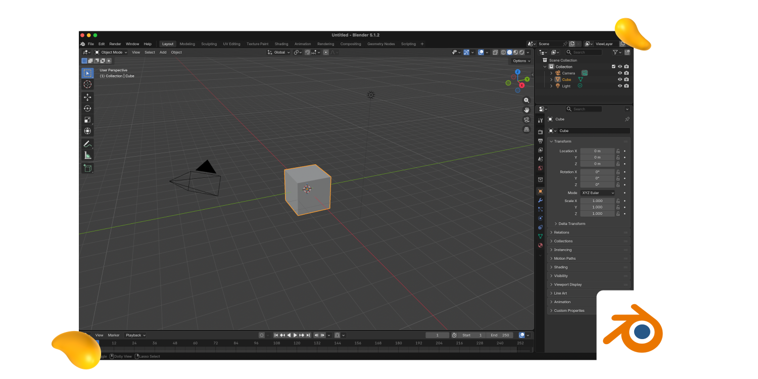 Blender motion graphics software interface showing the default cube and 3D workspace, featured by Designity.