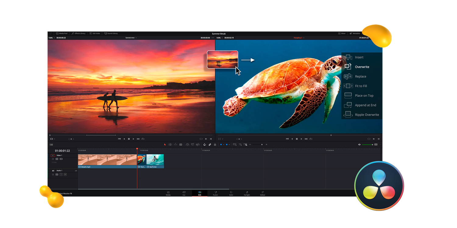 DaVinci Resolve motion graphics software interface editing sunset and sea turtle footage, featured by Designity.