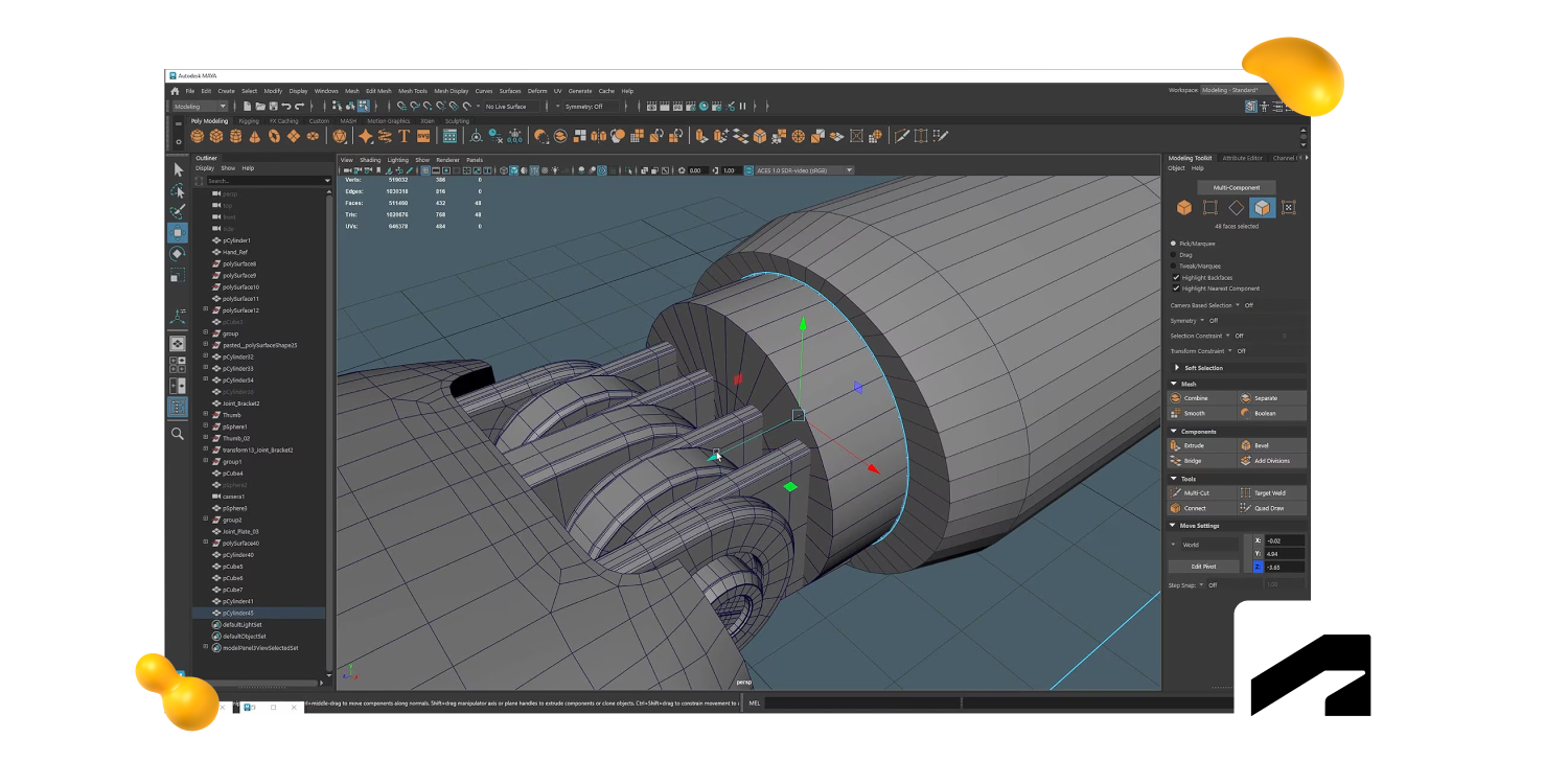 Autodesk Maya motion graphics software interface modeling a complex 3D mechanical object, featured by Designity.