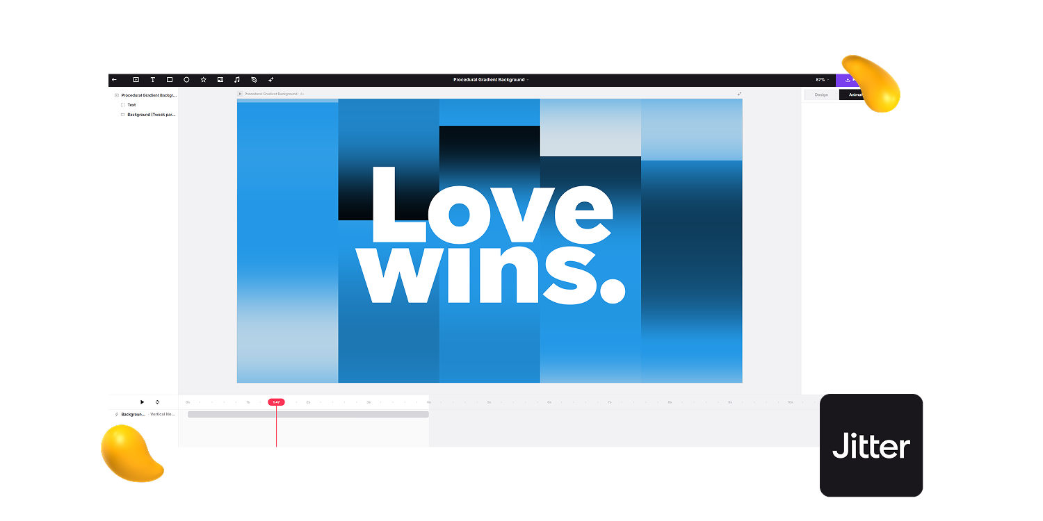 Jitter motion graphics software interface animating Love wins text over blue gradient panels, featured by Designity.