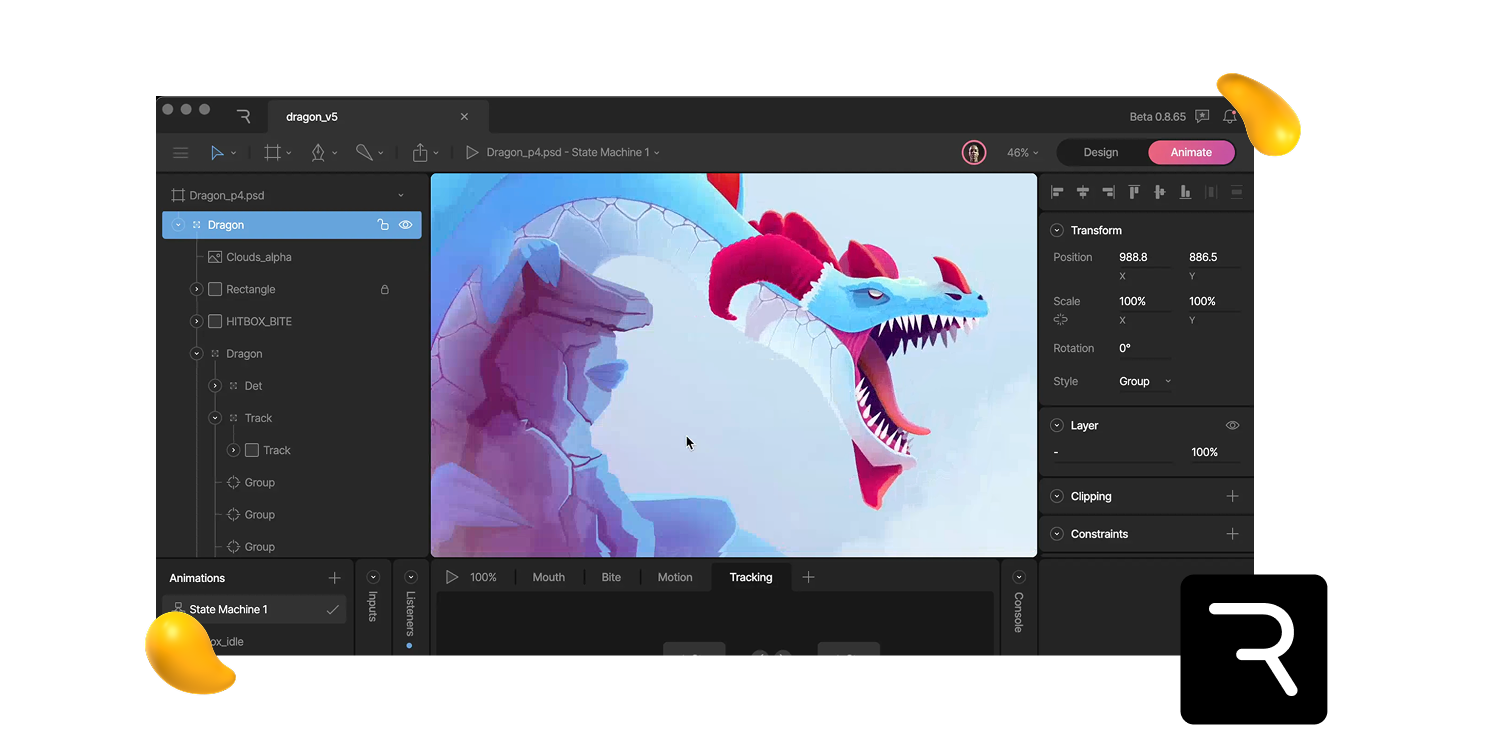 Rive motion graphics software interface animating an illustrated dragon character, featured in Designity’s guide.