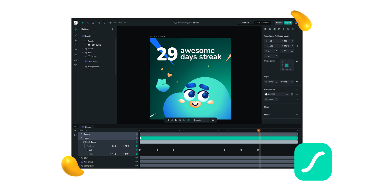 LottieFiles motion graphics software interface creating an animated mobile streak graphic, featured in Designity’s guide.