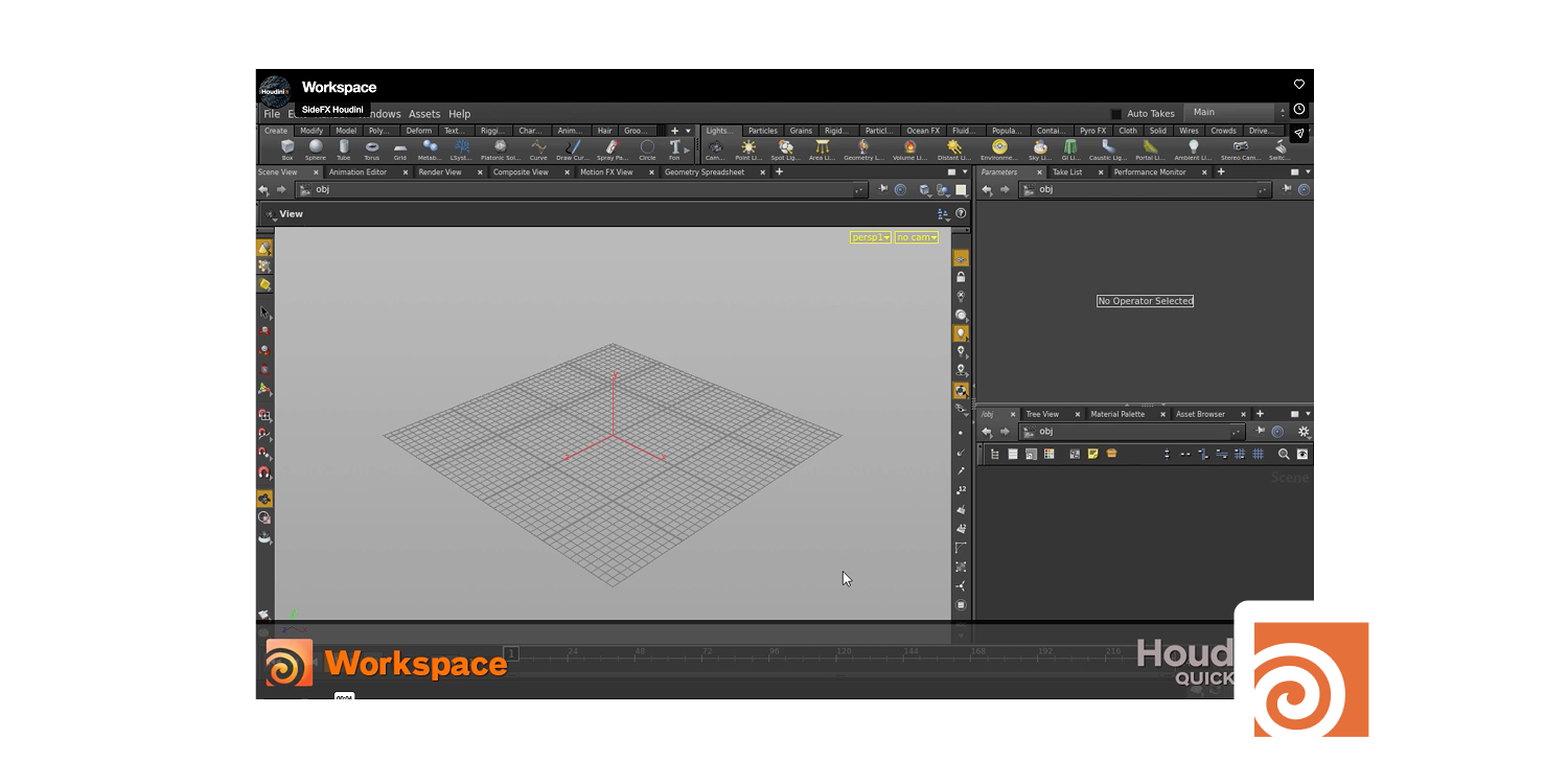 Houdini motion graphics software workspace displaying a blank procedural 3D grid, featured in Designity’s guide.