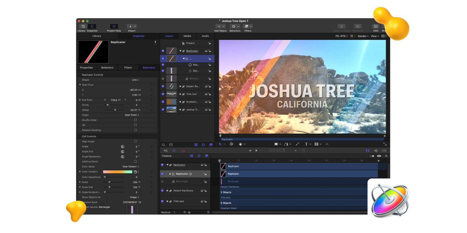 Apple Motion motion graphics software interface editing a Joshua Tree title sequence, featured by Designity.