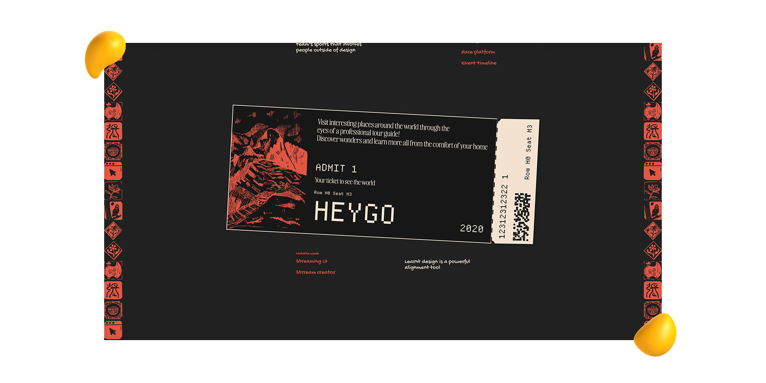 Jackie Zhang’s scrapbook-style website featured in Designity’s graphic design portfolio examples, with dark visuals, ticket graphics, and playful details.