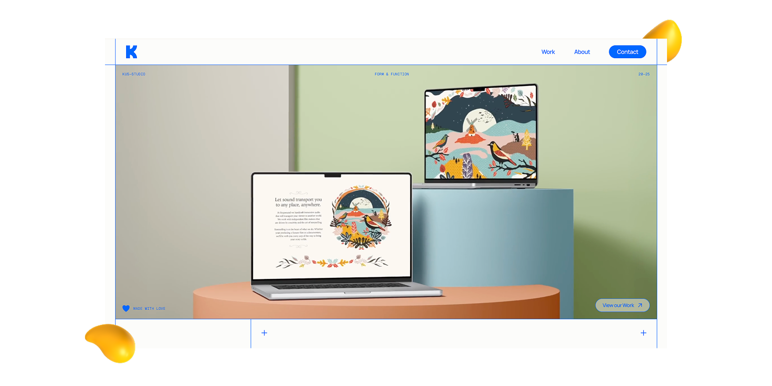 Mike Kus’s polished studio website featured in Designity’s graphic design portfolio examples, displaying colorful illustration work across laptop screens.