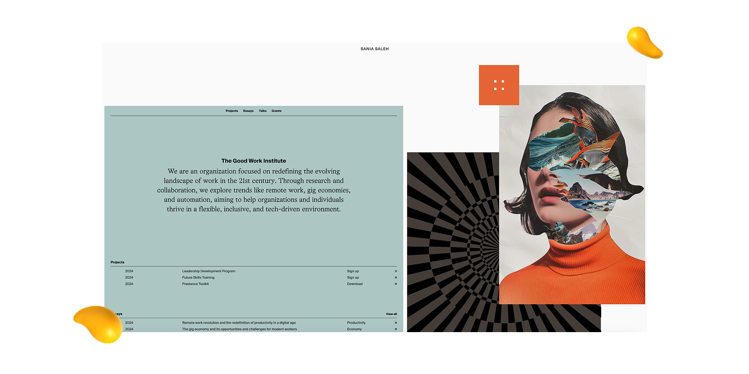 Sania Saleh’s multidisciplinary website featured in Designity’s graphic design portfolio examples, combining editorial layouts, collage art, and bold imagery.