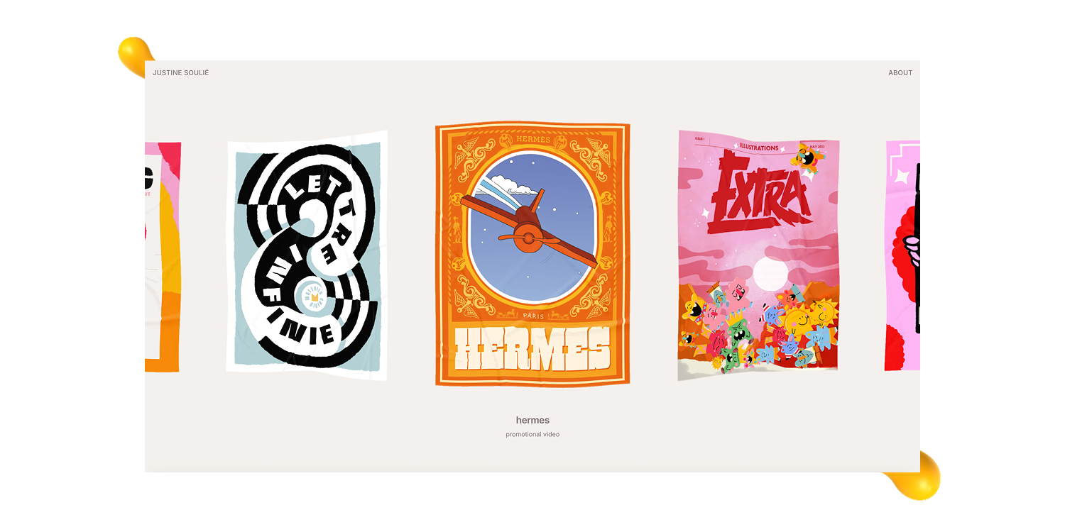 Justine Soulié’s motion-focused website featured in Designity’s graphic design portfolio examples, with playful illustrations and animated poster designs.