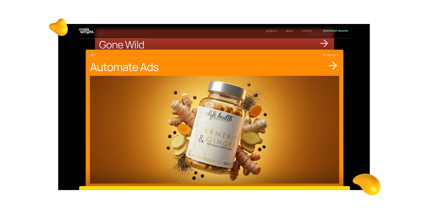 Craig Wright’s creative website featured in Designity’s graphic design portfolio examples, with a bold orange layout and striking product imagery.
