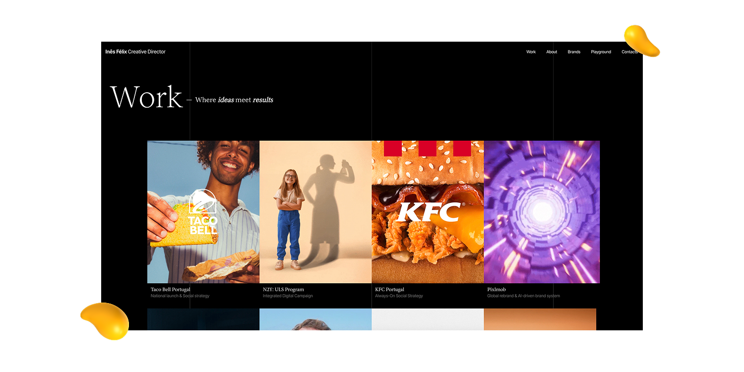 Inés Félix’s art-directed website featured in Designity’s graphic design portfolio examples, showcasing polished campaigns for major global brands