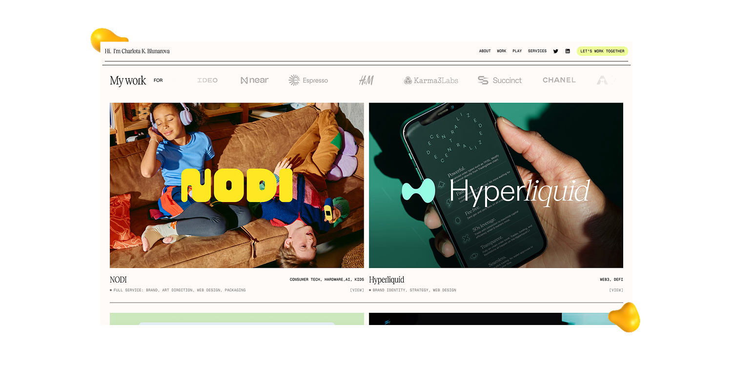 Charlotte Blunarova’s branding website featured in Designity’s graphic design portfolio examples, showcasing colorful identity and digital strategy projects.