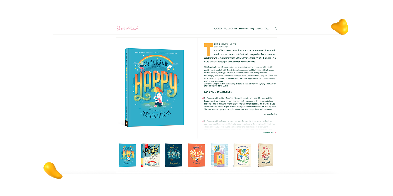 Jessica Hische’s typography-led website featured in Designity’s graphic design portfolio examples, showcasing illustrated children’s books and editorial details.