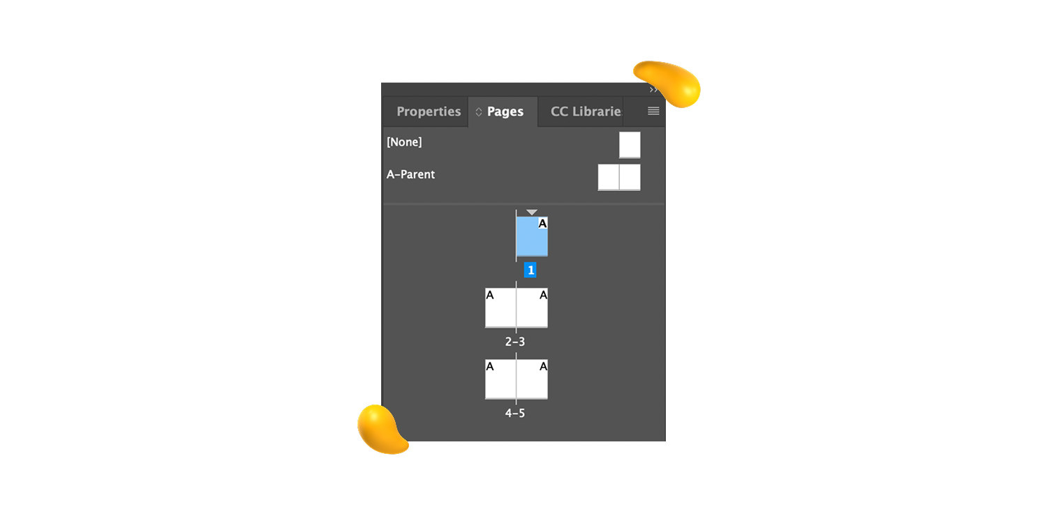 InDesign Pages panel showing page 1 and numbered spreads in Designity’s guide on how to add page numbers in InDesign.