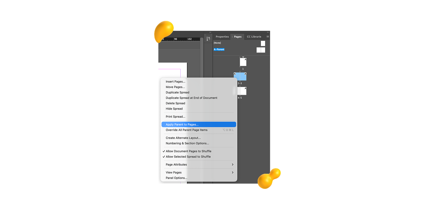 Footer text frames placed on both InDesign parent pages in Designity’s guide on how to add page numbers in InDesign.