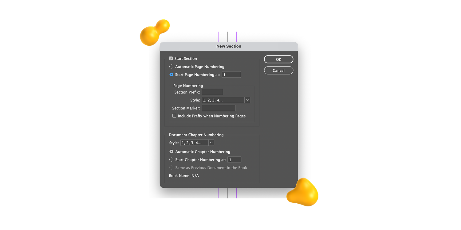 InDesign New Section settings used to restart numbering in Designity’s guide on how to add page numbers in InDesign.