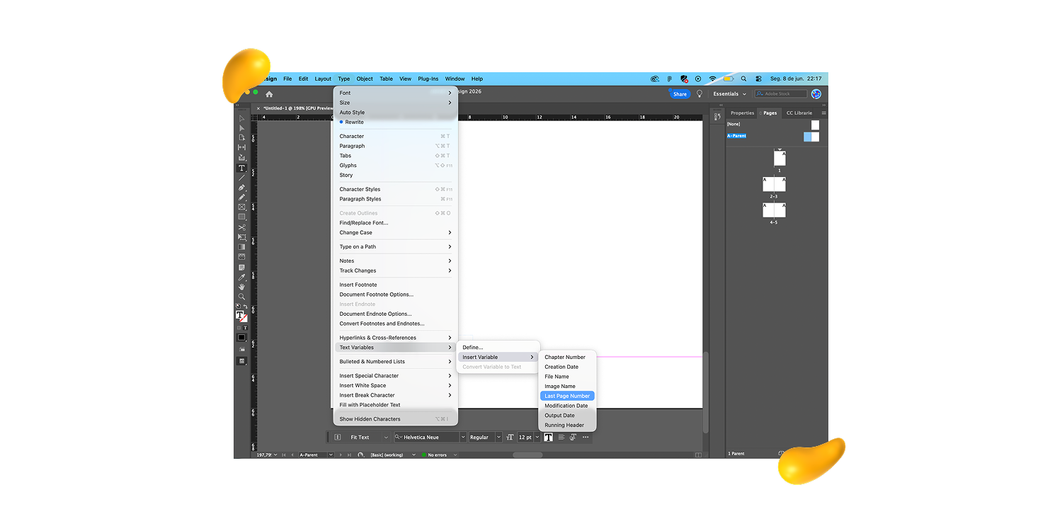 Selecting Last Page Number from InDesign’s Text Variables menu in Designity’s how to add page numbers in InDesign guide.