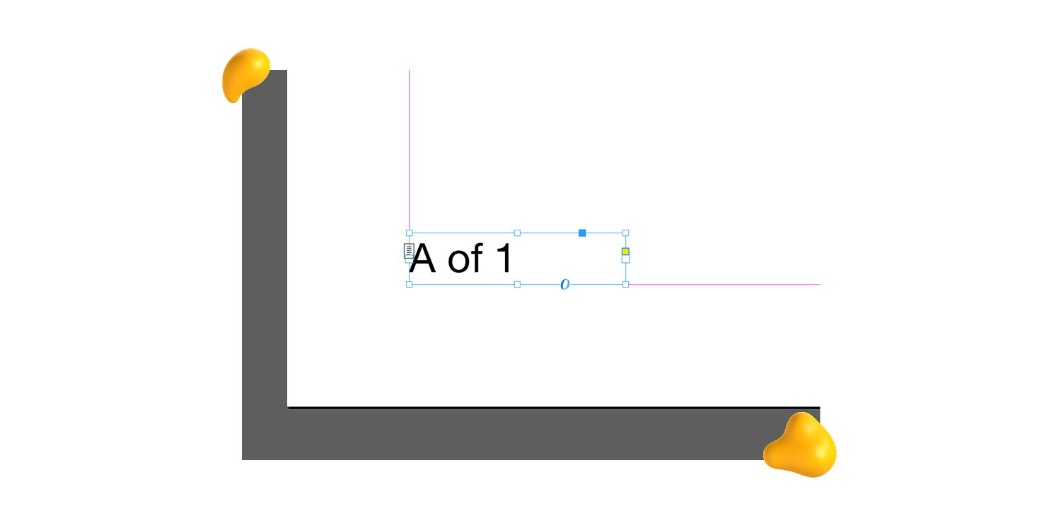InDesign text frame showing “A of 1” in Designity’s guide on how to add page numbers in InDesign.