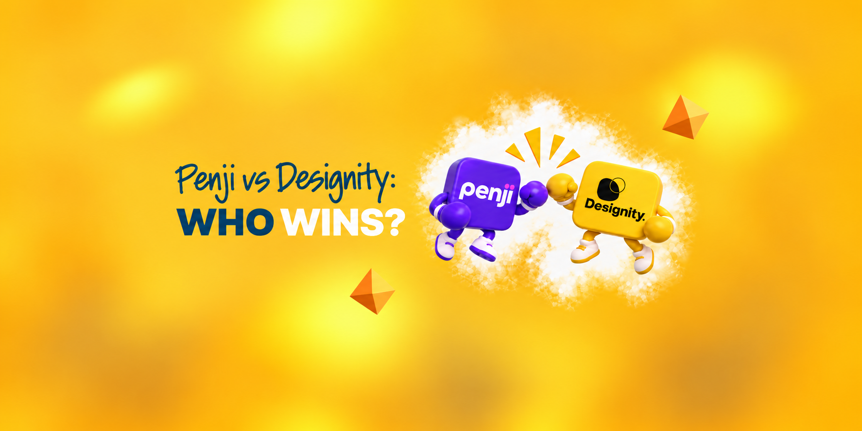 Penji vs Designity comparison graphic with branded 3D mascots facing off and the text “Who Wins?”
