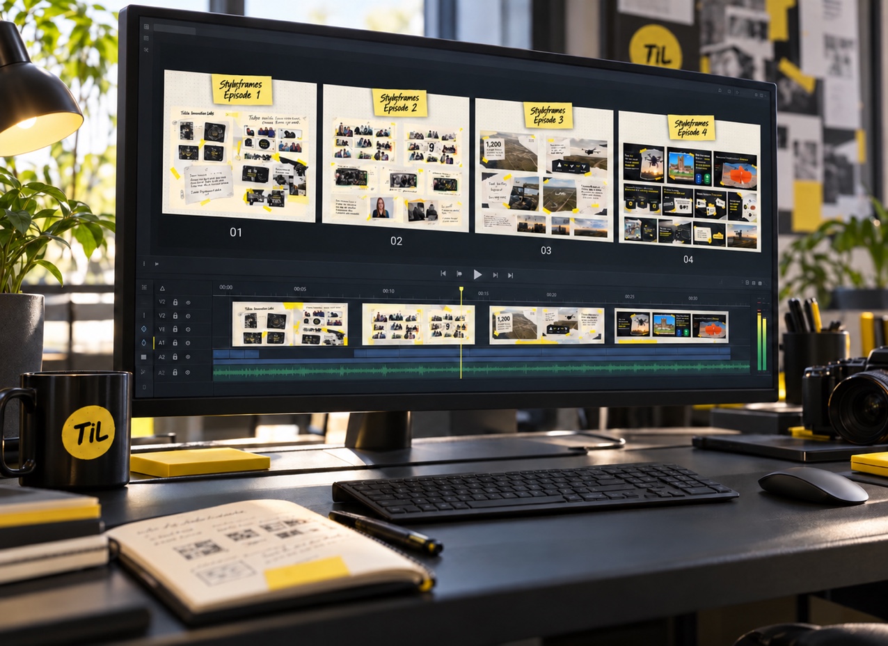 Tulsa Innovation Labs episode styleframes and an editing timeline displayed on a desktop monitor in a creative studio.