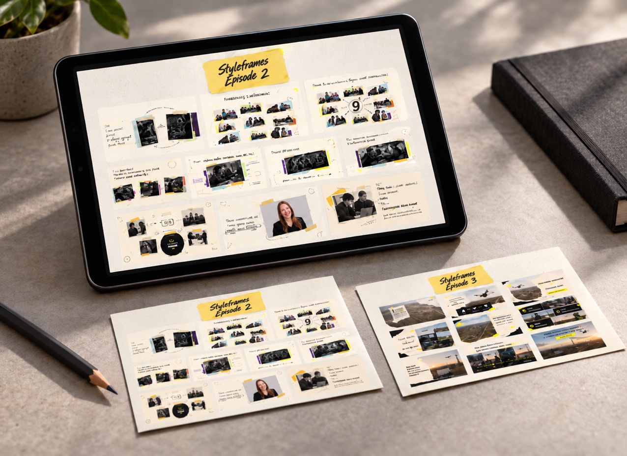 Tulsa Innovation Labs episode-two styleframes displayed on a tablet beside printed review sheets.