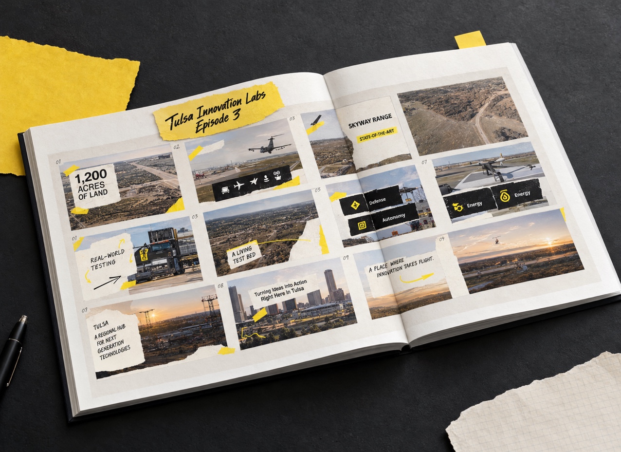 Tulsa Innovation Labs episode-three motion design frames presented in an open review booklet.
