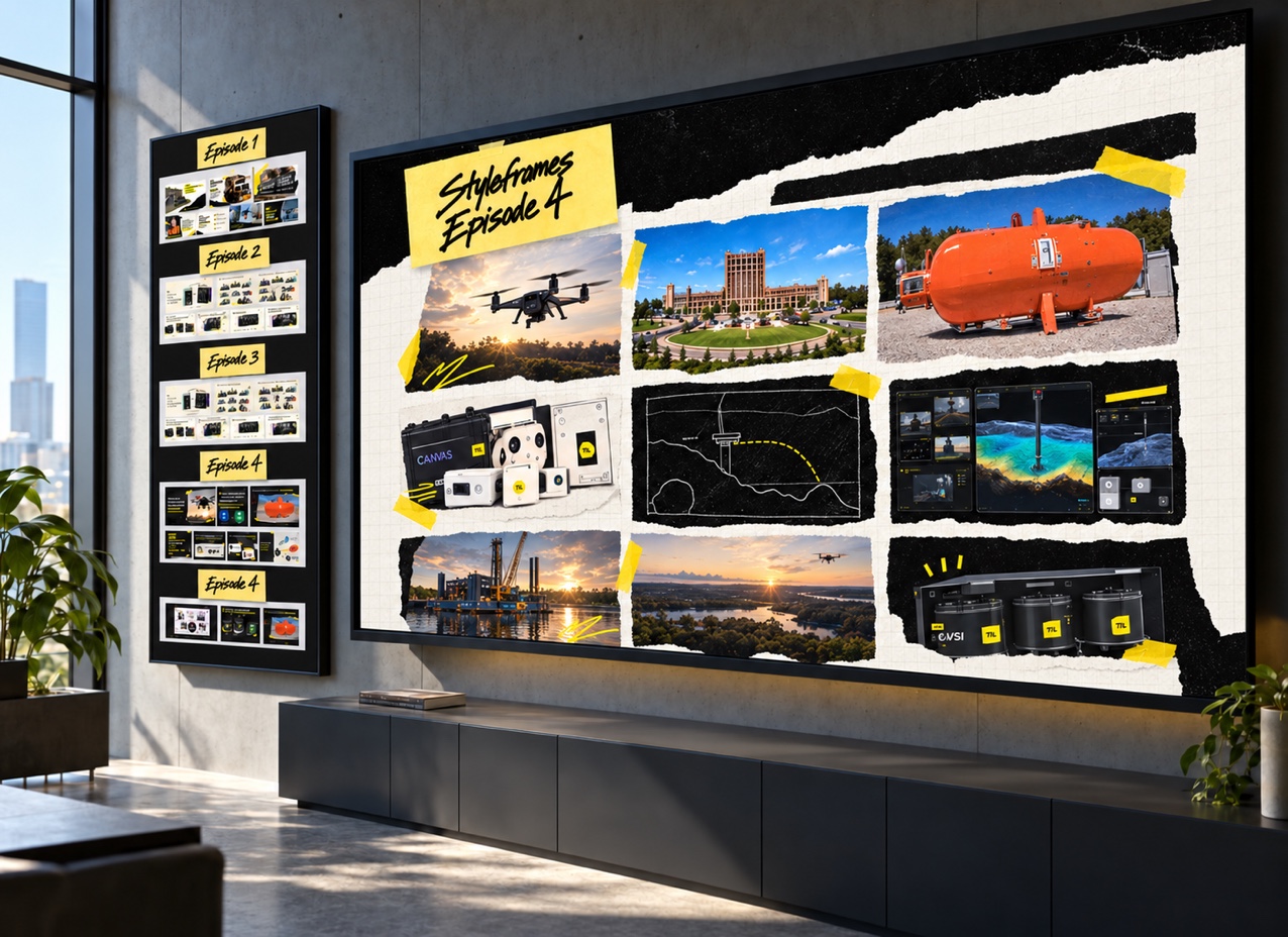 Tulsa Innovation Labs episode-four styleframes presented on a wall-mounted display in a creative review room.