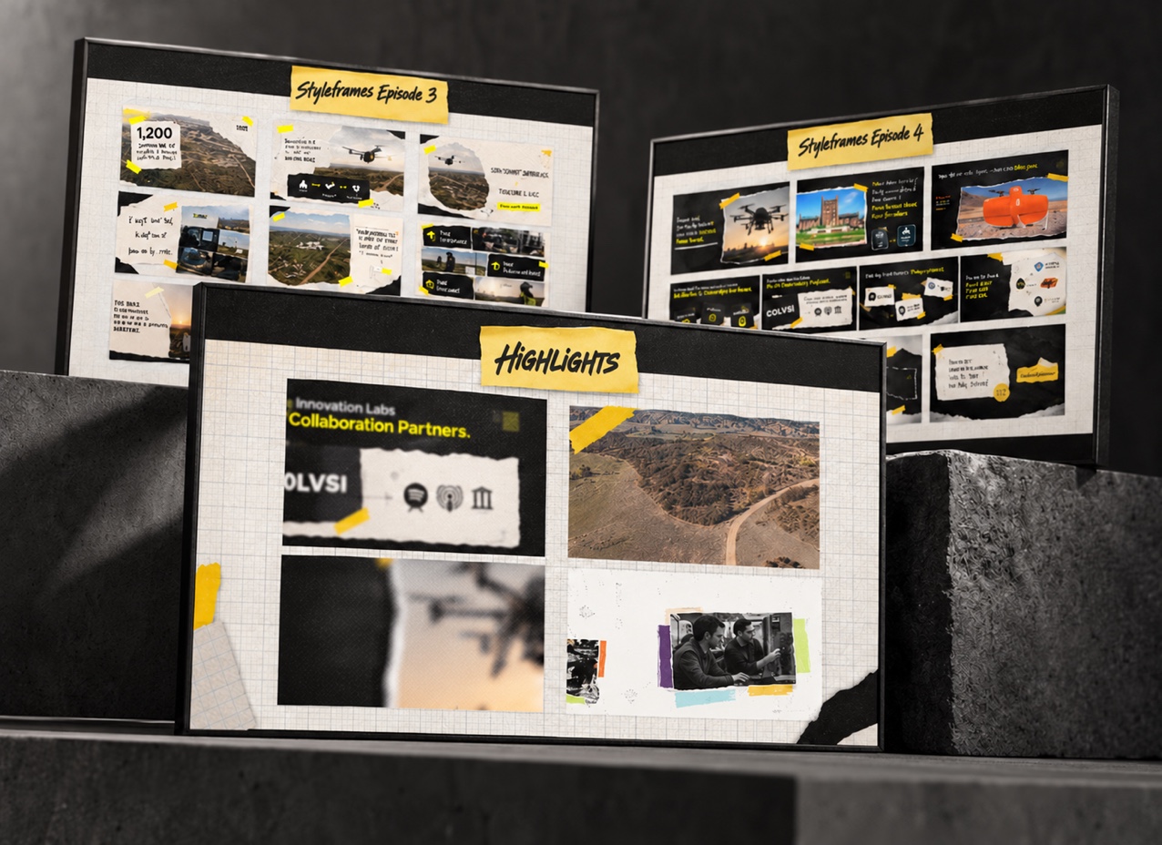 Tulsa Innovation Labs highlights and episode styleframes presented on layered display boards.
