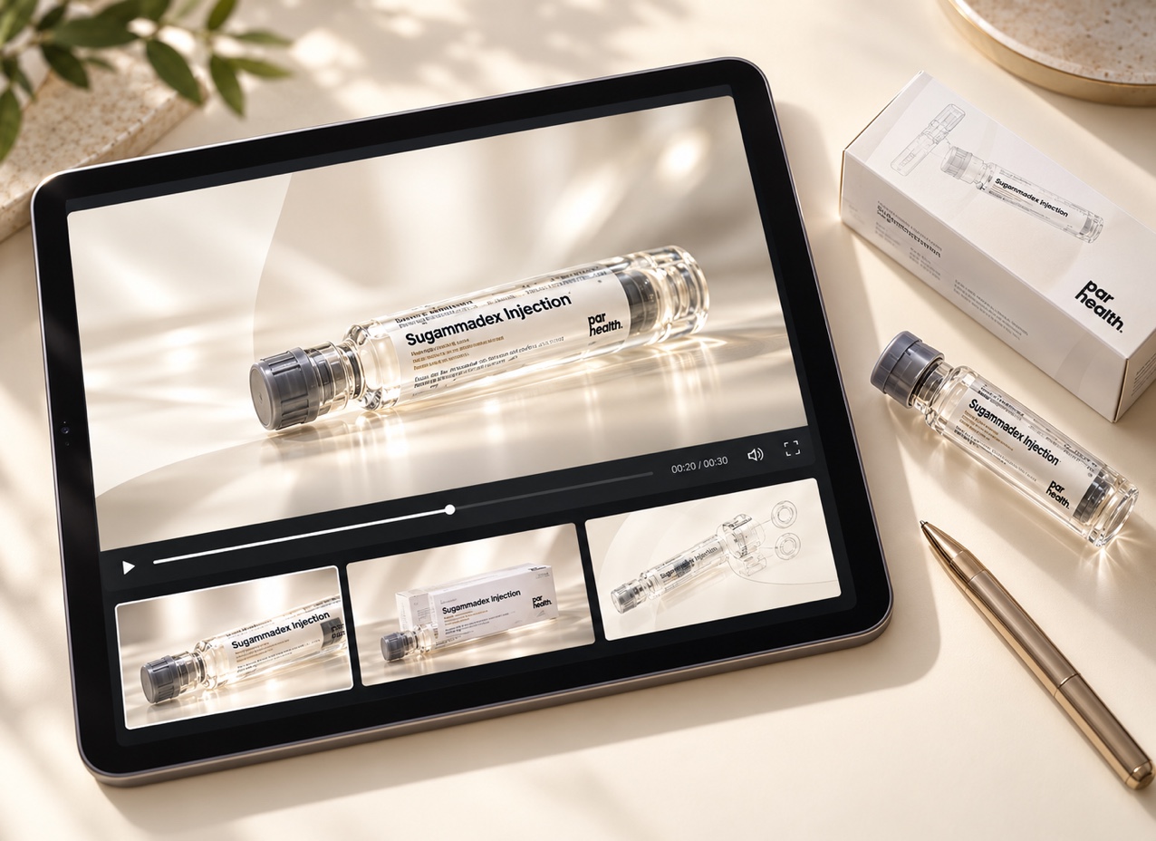 Par Health Sugammadex Injection video presented on a tablet with a product-frame filmstrip.
