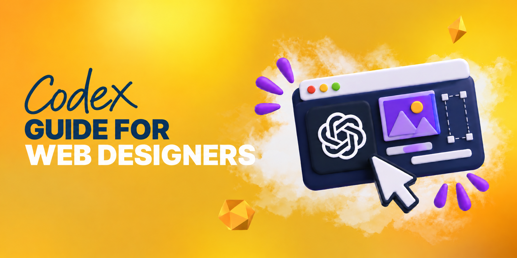 Codex guide for web designers featuring the Codex logo, 3D web design interface, and creative design tools on a yellow background.
