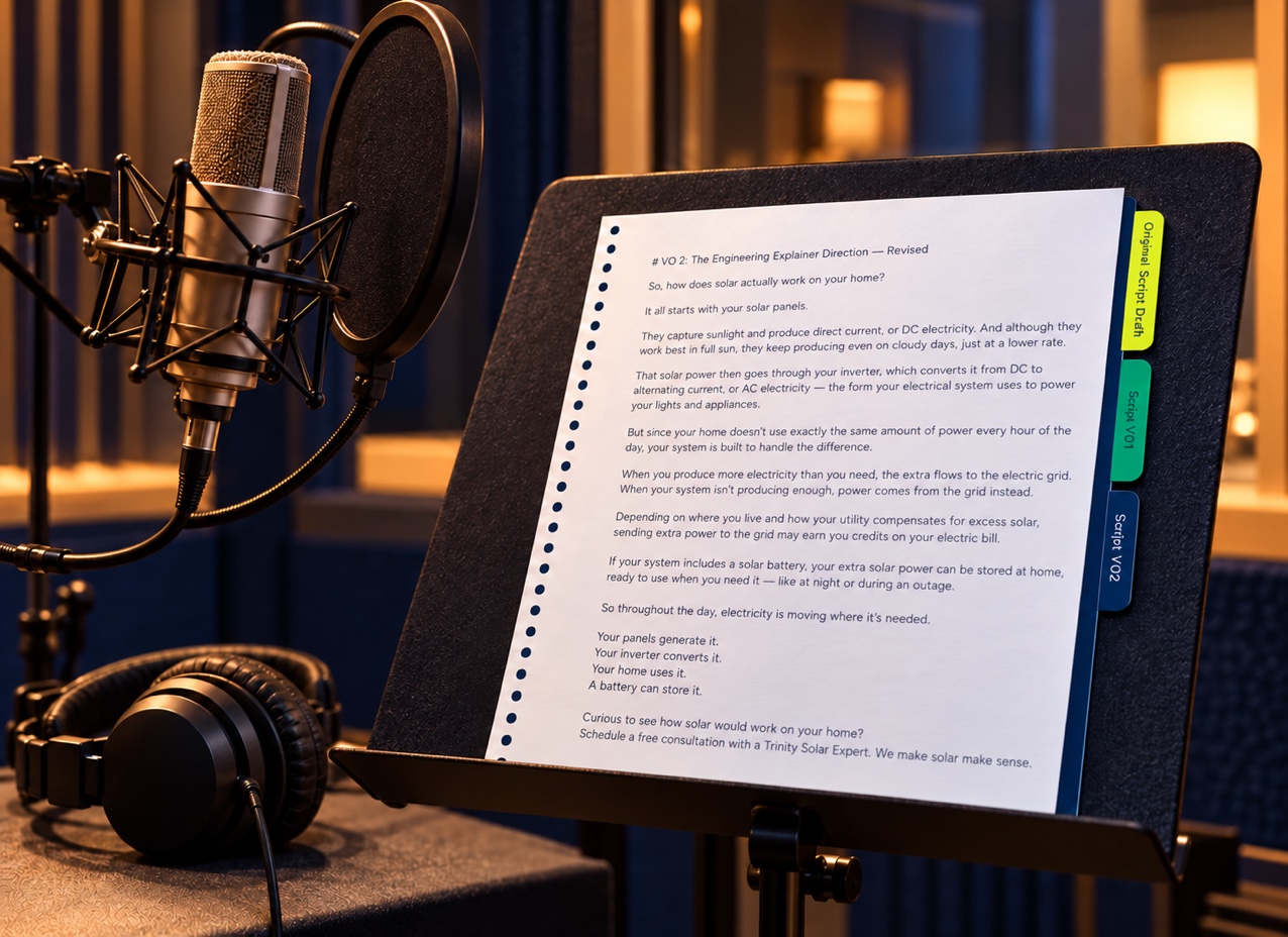Trinity Solar explainer script presented in a voiceover recording setup with microphone and headphones.