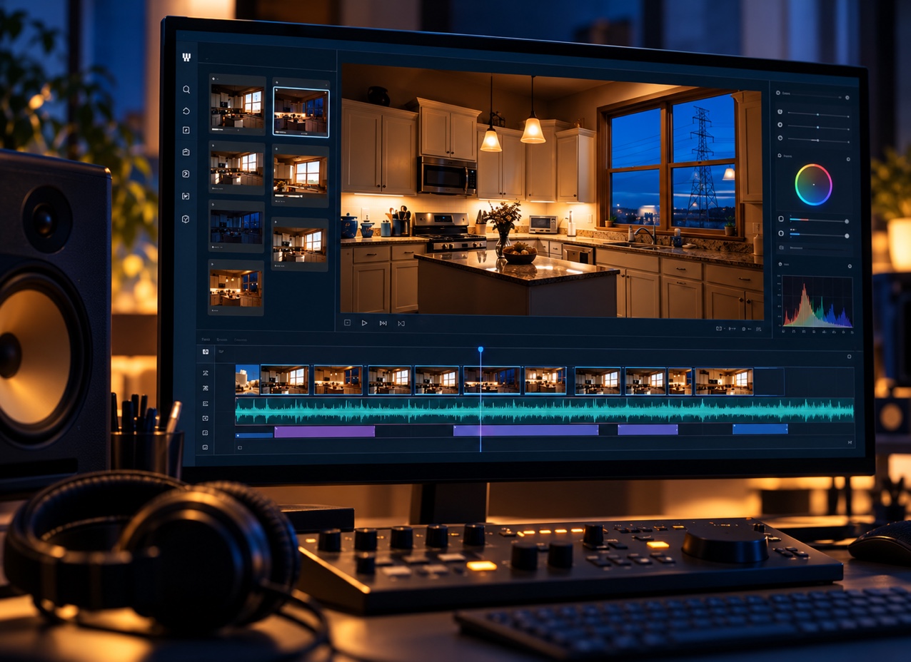 Trinity Solar’s animated kitchen scene shown in a video and voiceover editing presentation.